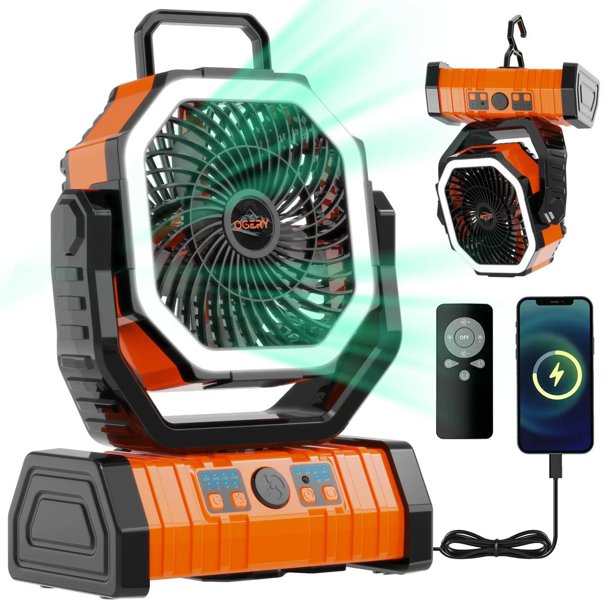 Portable Rechargeable Camping Fan with LED Light & 360° Rotating Hook