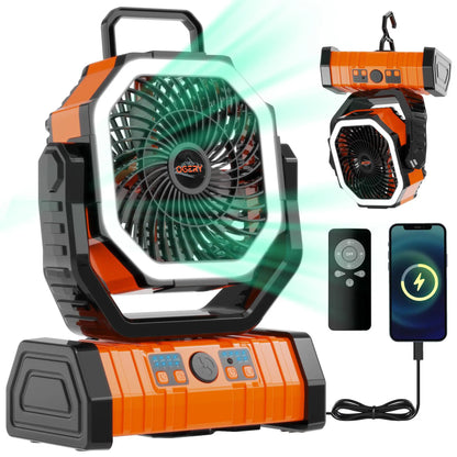 Portable Rechargeable Camping Fan with LED Light & 360° Rotating Hook