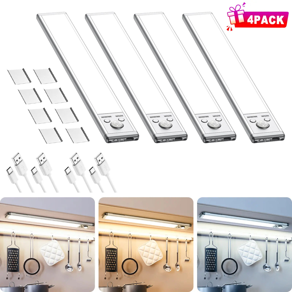 Motion Sensor Under Cabinet Lights | USB Rechargeable Dimmable LED Lights for Kitchen Closet Stairs & Garage