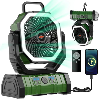 Portable Rechargeable Camping Fan with LED Light & 360° Rotating Hook