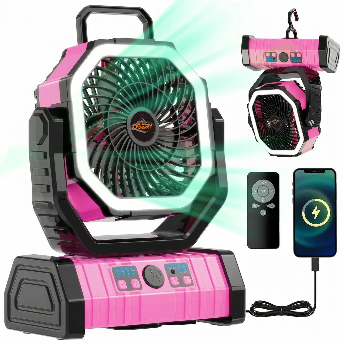 Portable Rechargeable Camping Fan with LED Light & 360° Rotating Hook