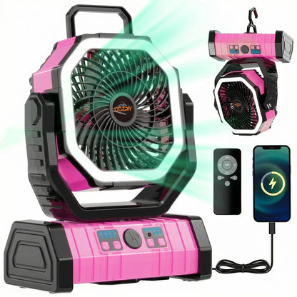 Portable Rechargeable Camping Fan with LED Light & 360° Rotating Hook