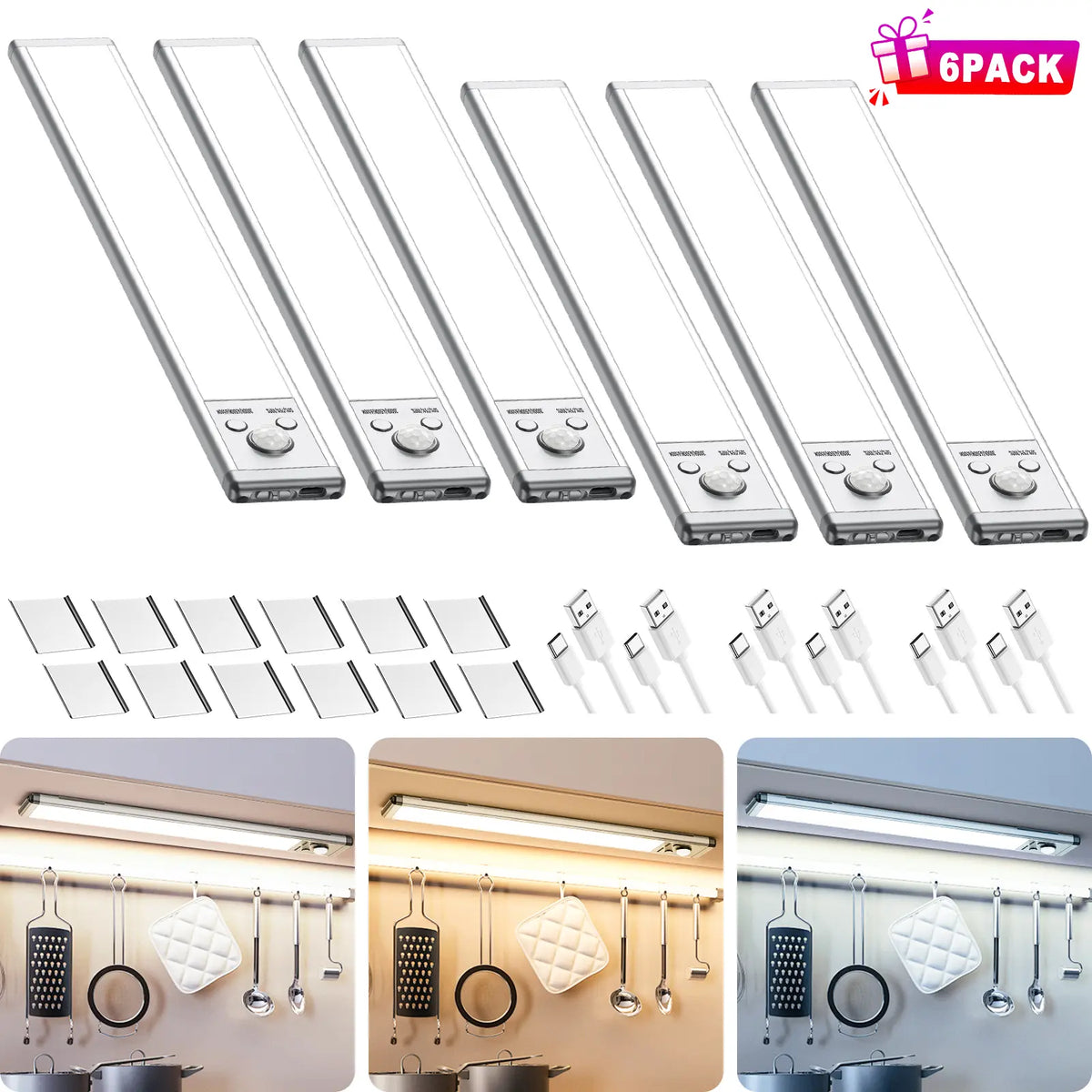 Motion Sensor Under Cabinet Lights | USB Rechargeable Dimmable LED Lights for Kitchen Closet Stairs & Garage