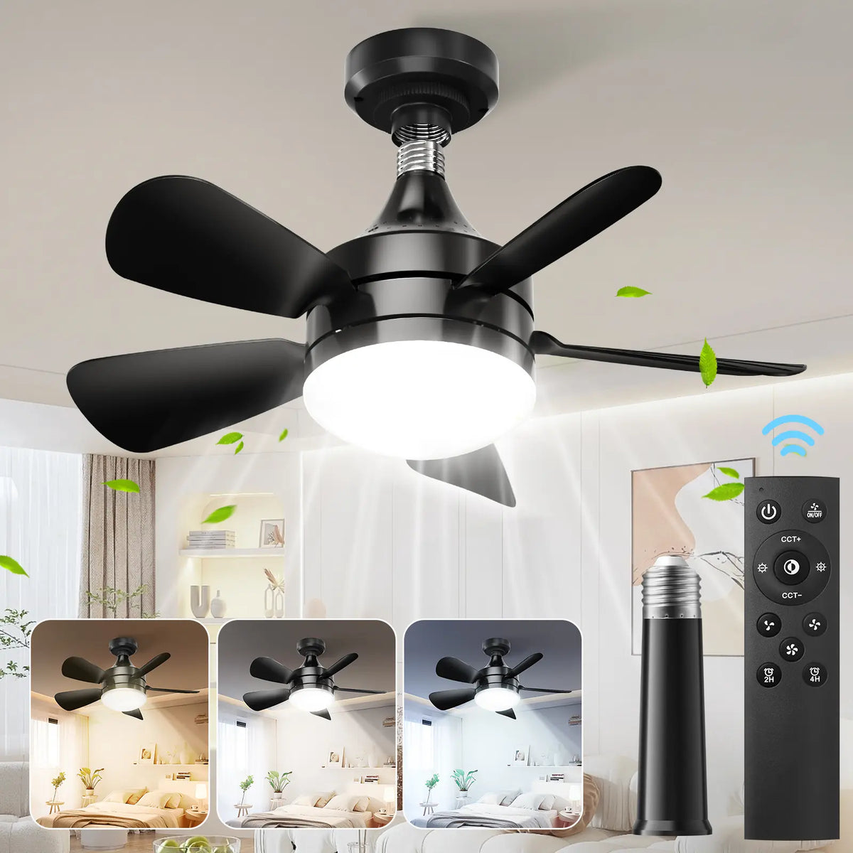 Socket Ceiling Fan Light with Remote | Dimmable LED Light & 3 Speed Quiet Cooling Fan