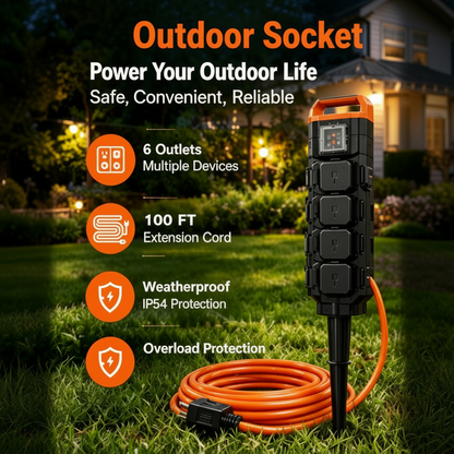 Outdoor Power Stake, 6 Outlets, 100 FT Cord, Remote & Timer