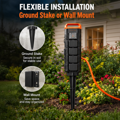 Outdoor Power Stake, 6 Outlets, 100 FT Cord, Remote & Timer