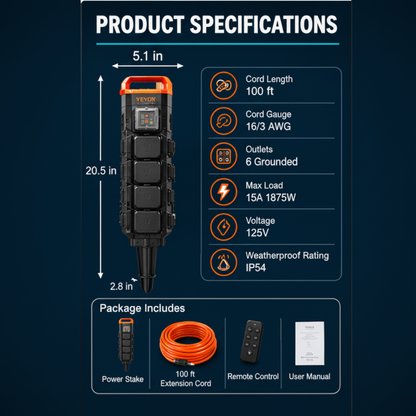 Outdoor Power Stake, 6 Outlets, 100 FT Cord, Remote & Timer