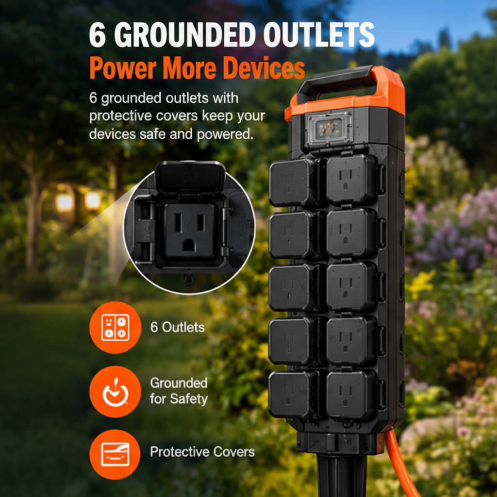 Outdoor Power Stake, 6 Outlets, 100 FT Cord, Remote & Timer