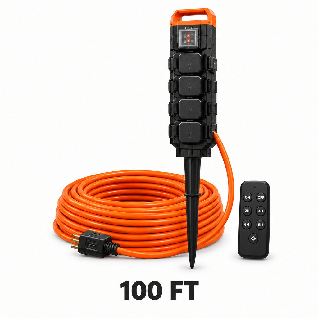 Outdoor Power Stake, 6 Outlets, 100 FT Cord, Remote & Timer