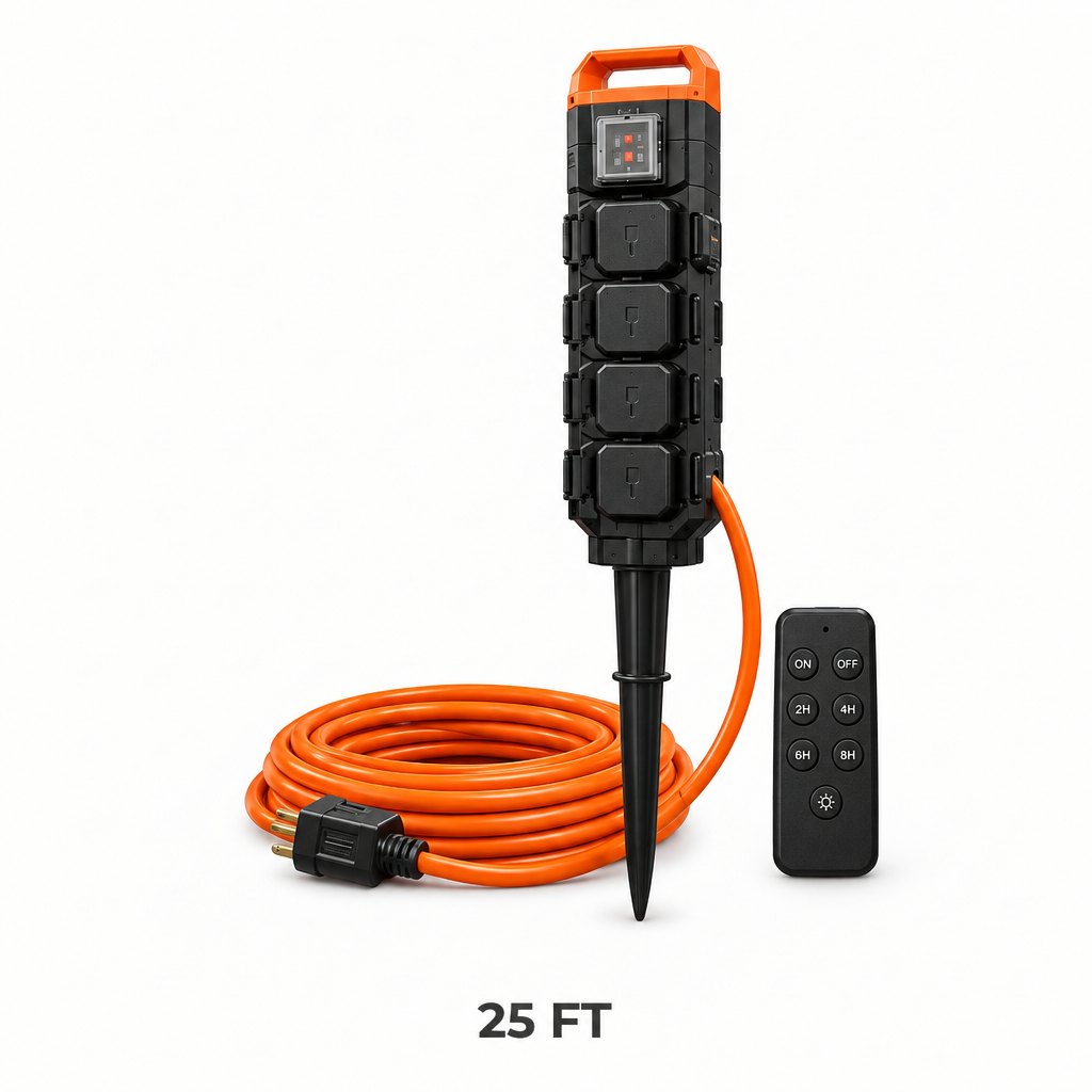 Outdoor Power Stake, 6 Outlets, 100 FT Cord, Remote & Timer