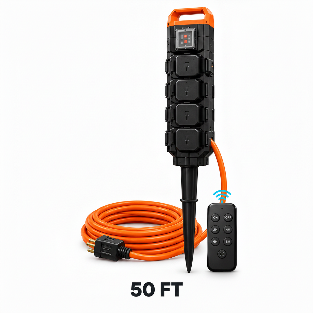 Outdoor Power Stake, 6 Outlets, 100 FT Cord, Remote & Timer