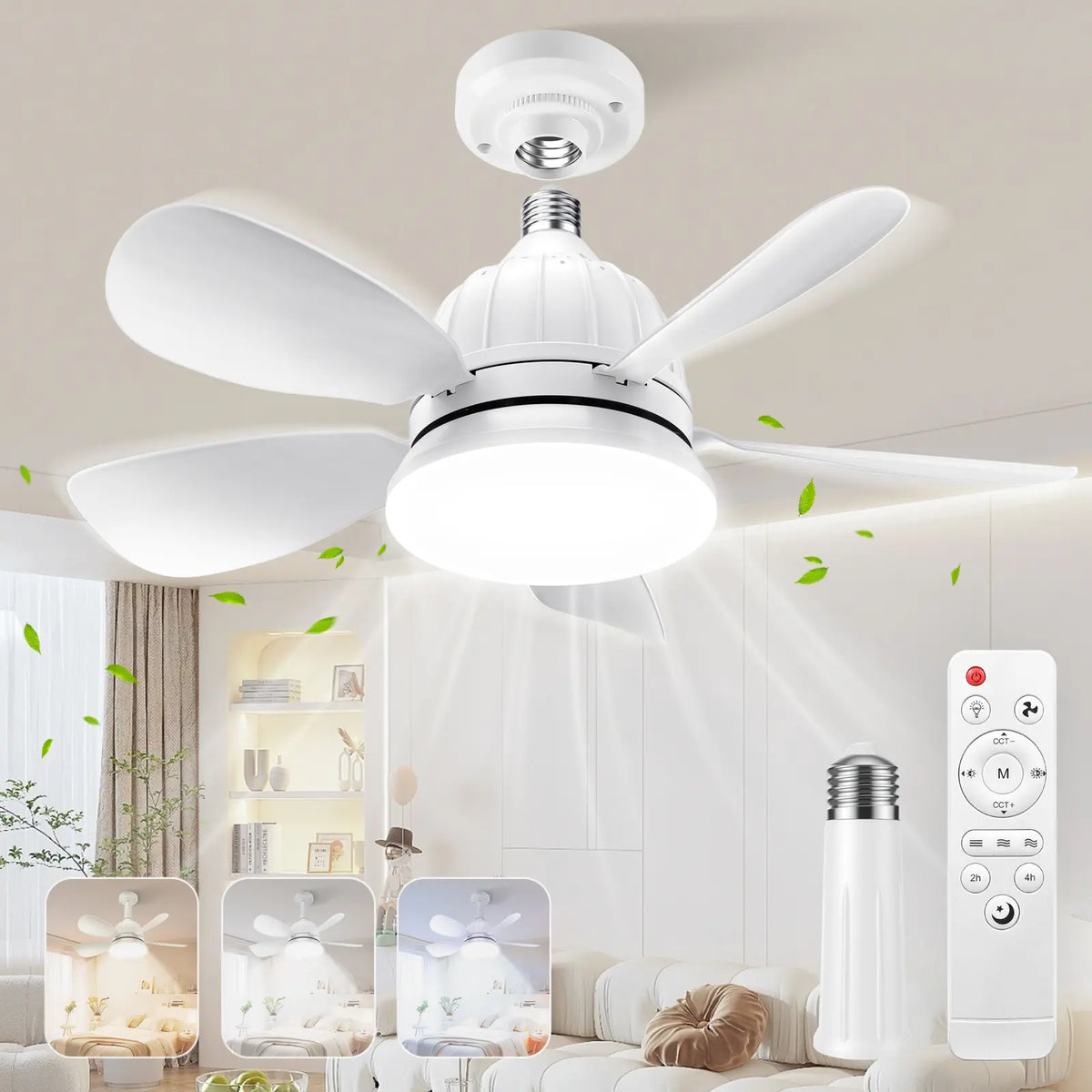 Socket Ceiling Fan Light with Remote | Dimmable LED Light & 3 Speed Quiet Cooling Fan