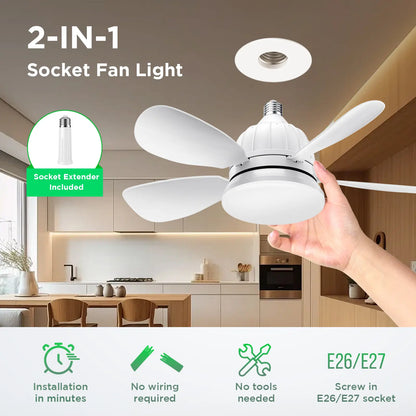 Socket Ceiling Fan Light with Remote | Dimmable LED Light & 3 Speed Quiet Cooling Fan