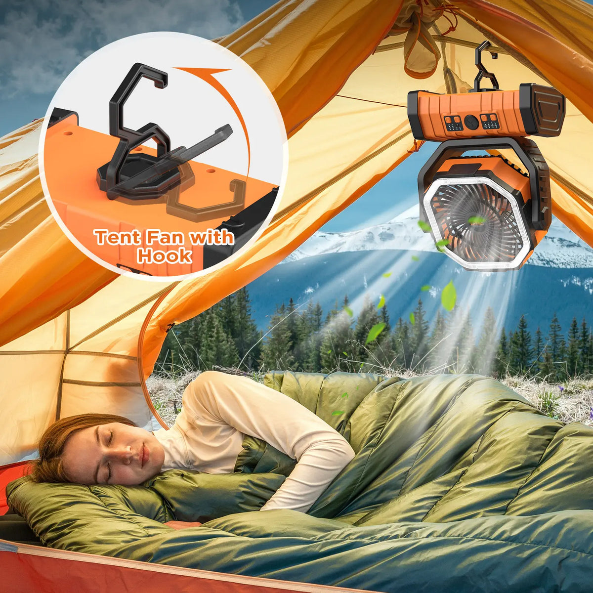Portable Rechargeable Camping Fan with LED Light & 360° Rotating Hook