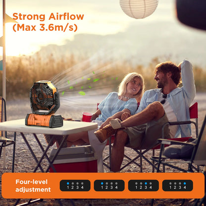 Portable Rechargeable Camping Fan with LED Light & 360° Rotating Hook