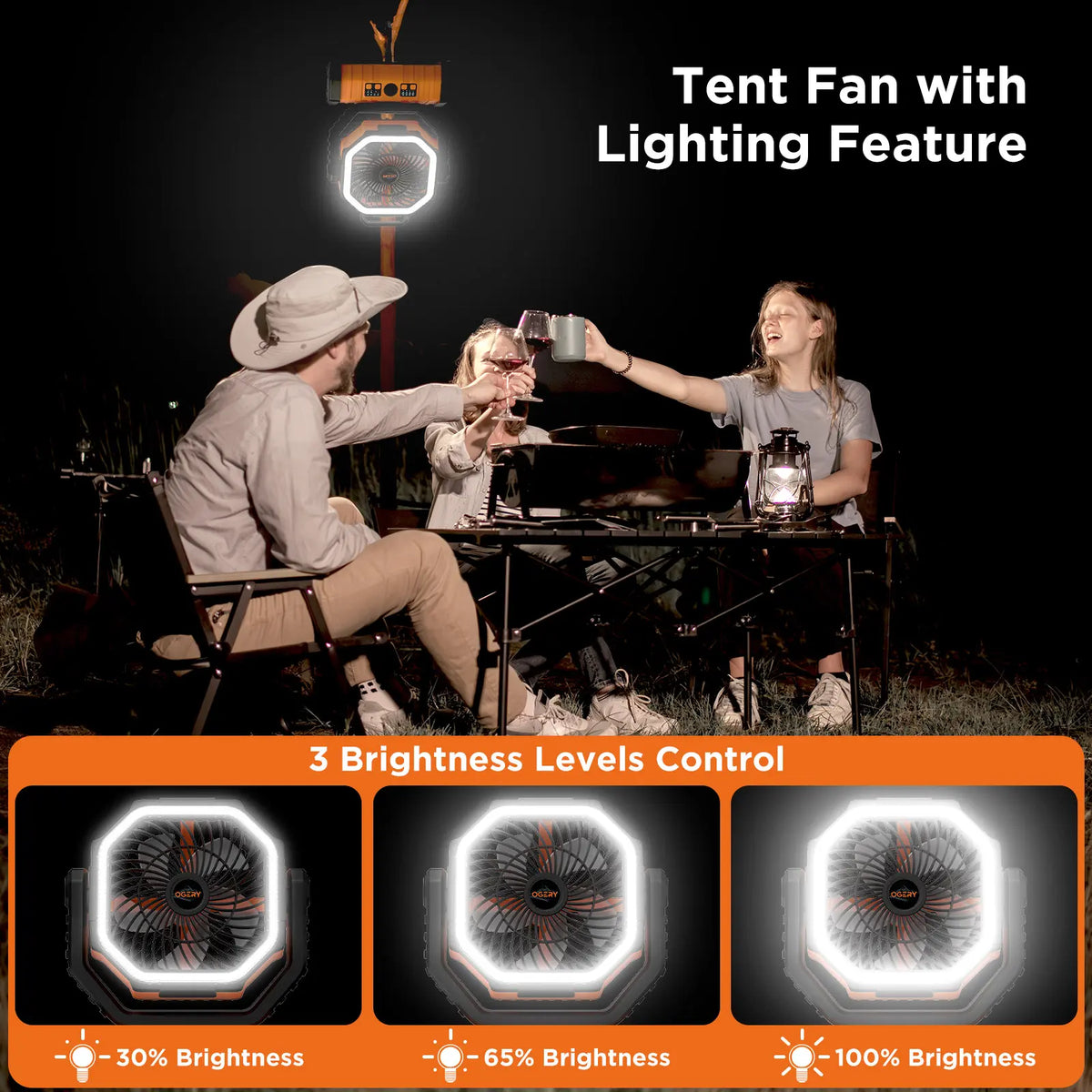 Portable Rechargeable Camping Fan with LED Light & 360° Rotating Hook