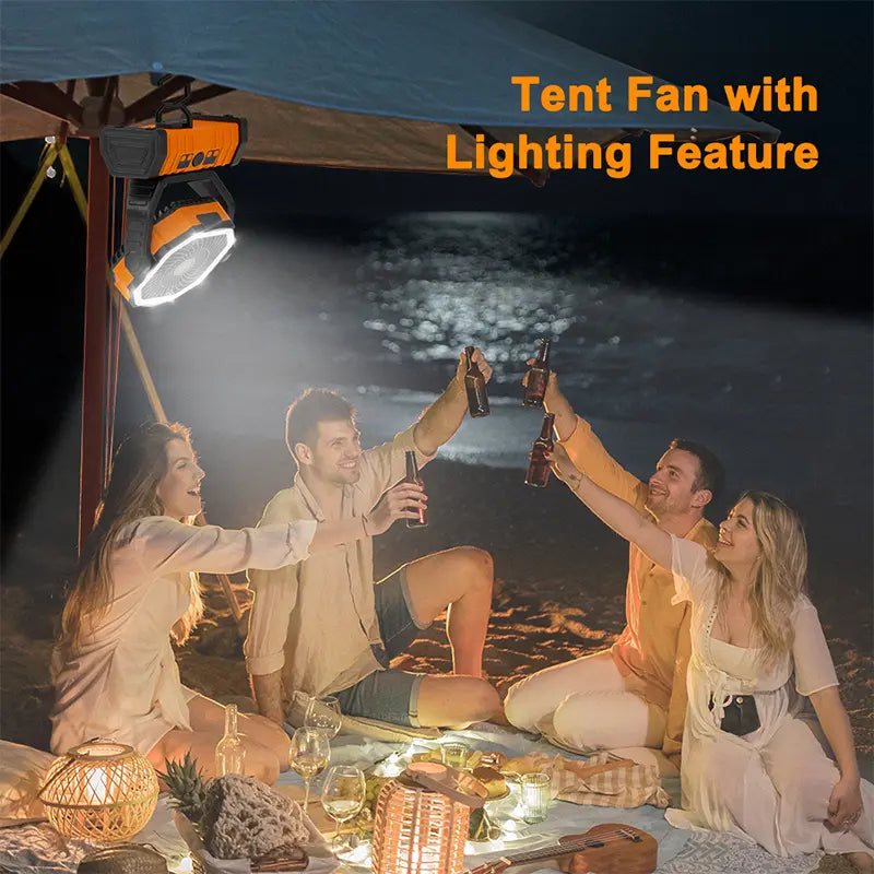 Portable Rechargeable Camping Fan with LED Light & 360° Rotating Hook